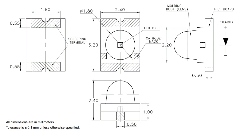 Mechanical Drawing - Broadcom ASMT-Bx20 PCB PolyLEDs