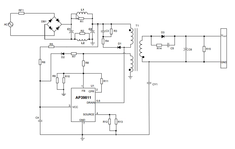 Applikations-Schaltungsdiagramm - Diodes Incorporated AP39811 Primärseitig geregelte Leistungsschaltanlage
