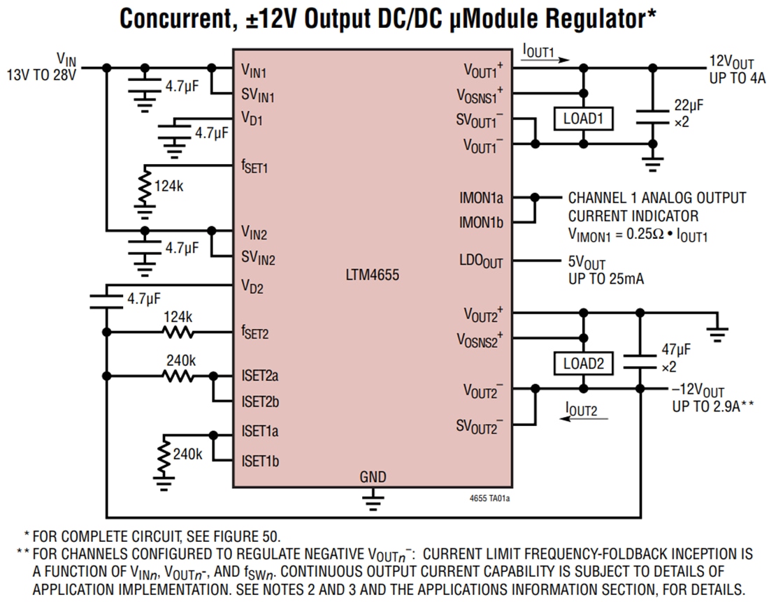Applikations-Schaltungsdiagramm - Analog Devices Inc. LTM4655 Invertierender Dual-/Einzel-μModule®-Regler 