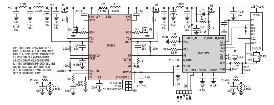 Applikations-Schaltungsdiagramm - Analog Devices Inc. LT8253/LT8253A USB-Type-C™-Auf-/Abwärtswandler