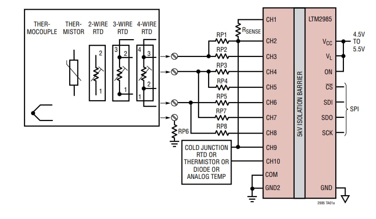 Applikations-Schaltungsdiagramm - Analog Devices Inc. LTM2985 Digitales Temperaturmesssystem Applikations-Schaltungsdiagramm - Analog Devices Inc. LTM2985 Digitales Temperaturmesssystem