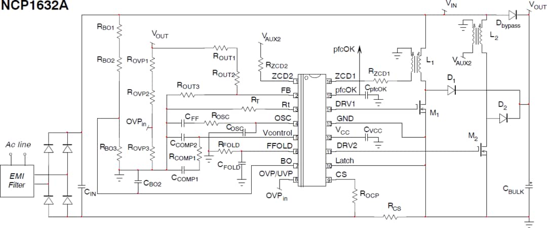 Applikations-Schaltungsdiagramm - onsemi NCP1632A CrM-Leistungsfaktor-Controller, verschachtelt Applikations-Schaltungsdiagramm - onsemi NCP1632A CrM-Leistungsfaktor-Controller, verschachtelt