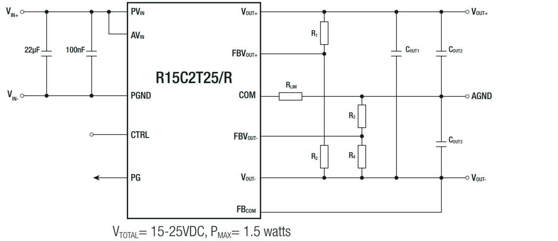 Application Circuit Diagram - RECOM Power R15C2T25/R Series 2.5W Isolated DC/DC Converters