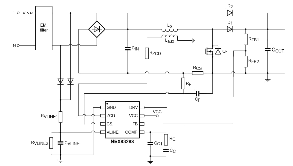 Applikations-Schaltungsdiagramm - Nexperia NEX8x88 Leistungsfaktorkorrektur (PFC)-Controller