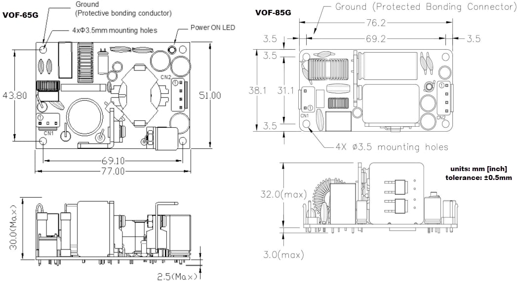 Technische Zeichnung - CUI Inc VOF-65G und VOF-85G Interne AC/DC-Netzteile