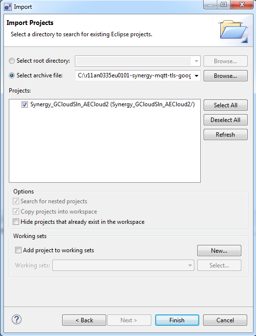 The Import dialog box allows you to import your application project into the Renesas e&sup2; studio environment.